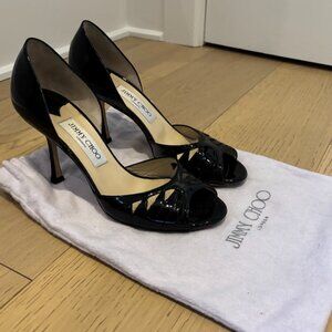 Vintage Jimmy Choo Black Patent Leather Peep Toe Heels 38.5